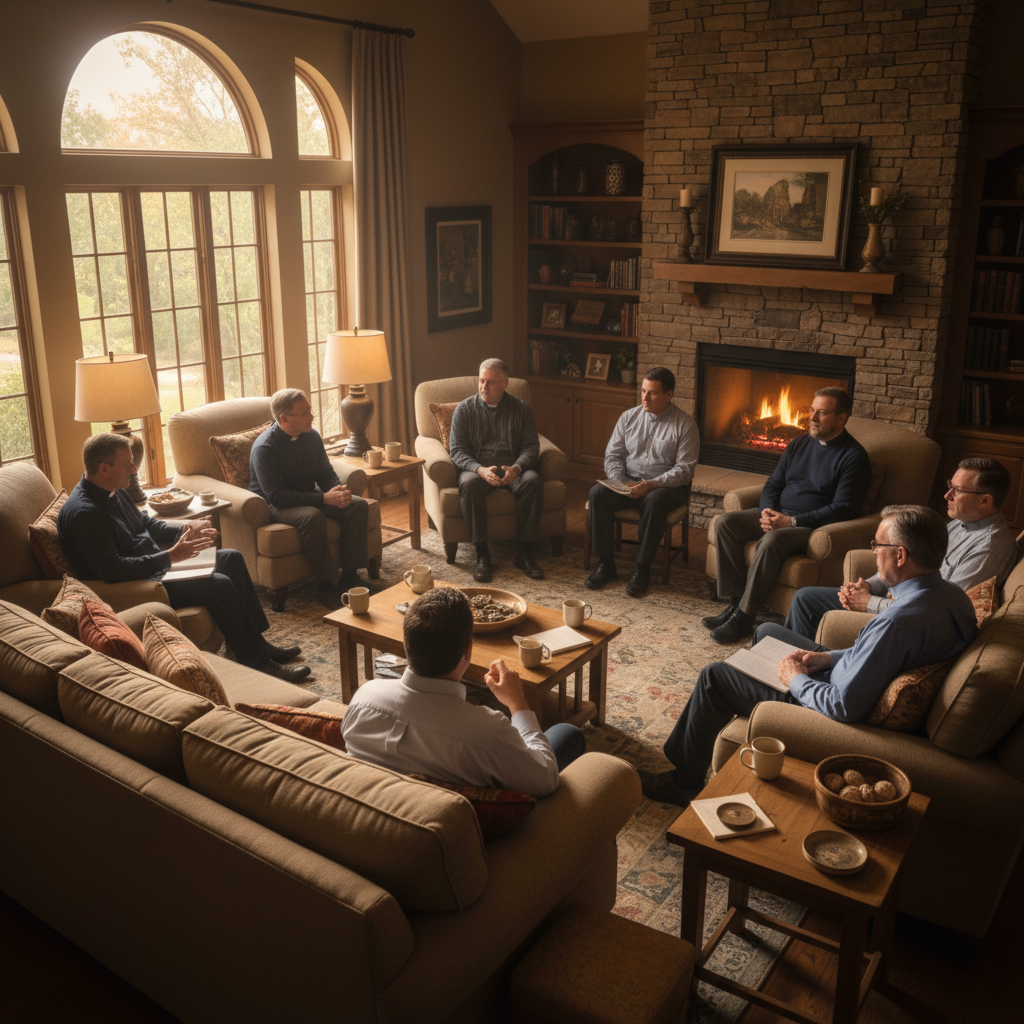 Group of pastors in a circle discussion in a living room