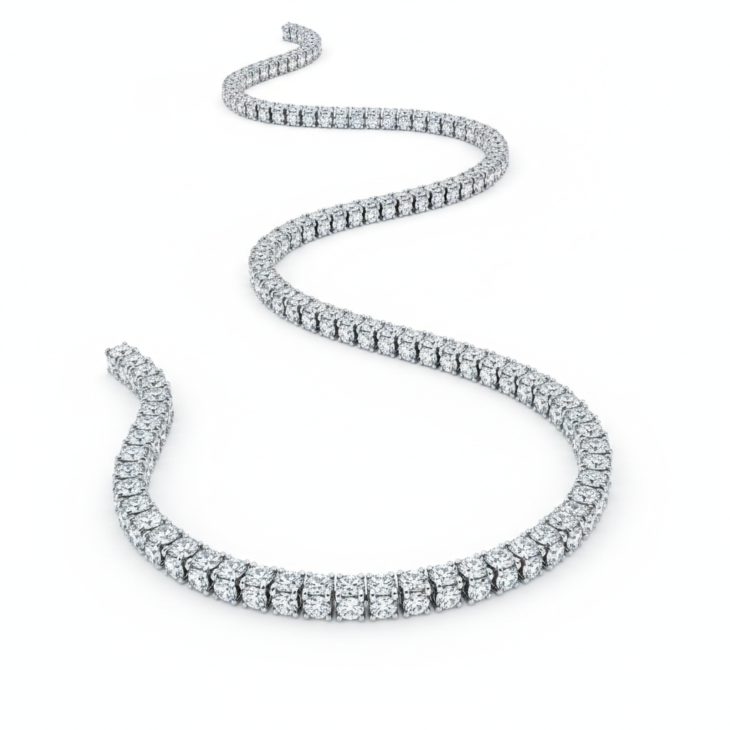 Diamond tennis bracelet on wrist — continuous line of matched round brilliant diamonds