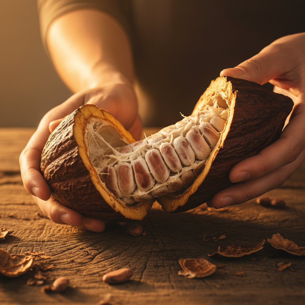 Cocoa shell fragments close up, textured surface, warm amber light