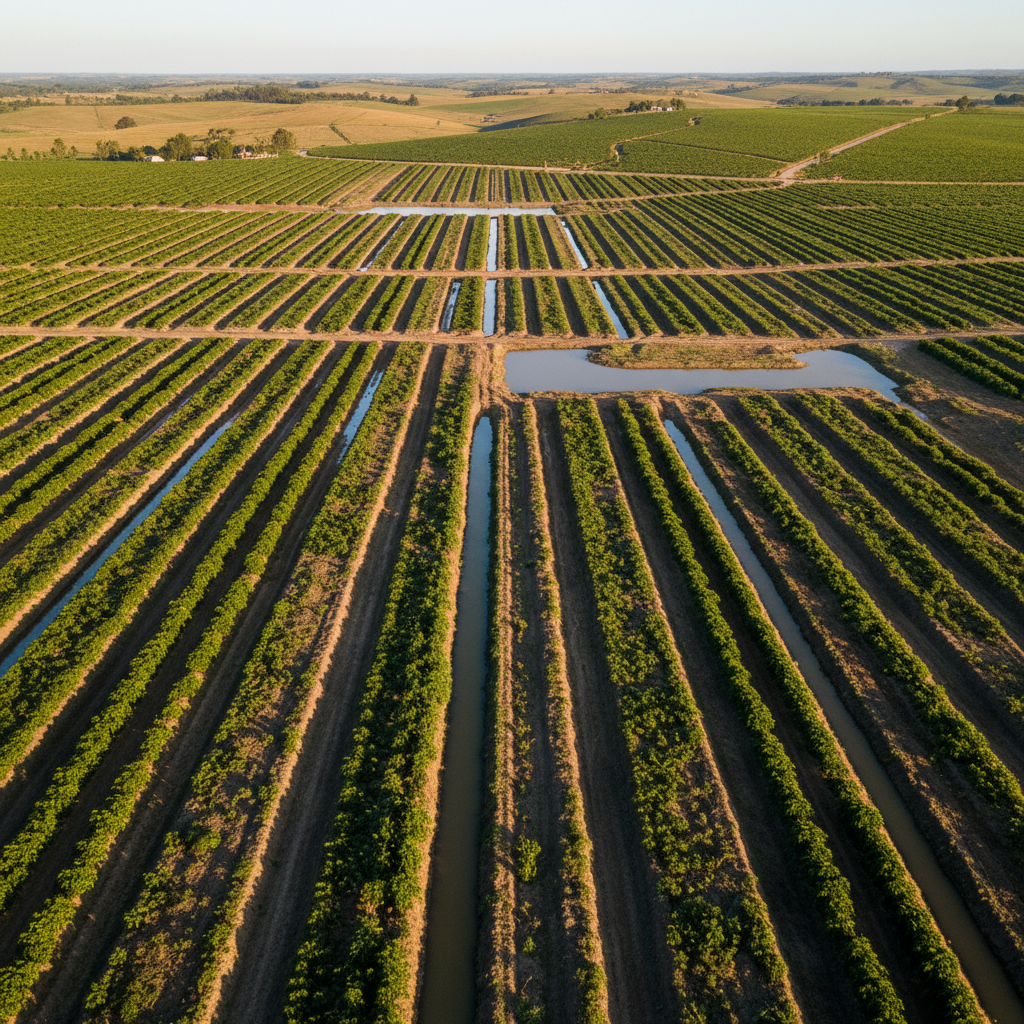 Aerial view of agricultural fields in India showing crop rows and irrigation channels