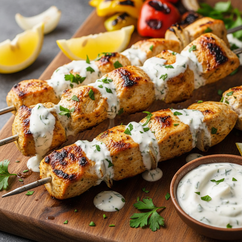 Grilled shish tawook chicken skewers with charred edges served with garlic sauce and warm pita bread