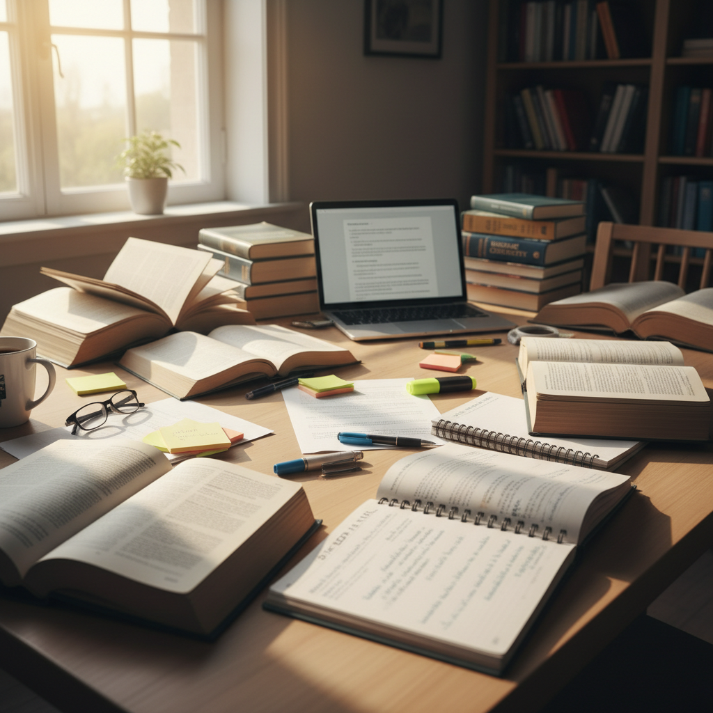 Open books and documents on a bright wooden desk, sunlight streaming through window, Dutch home study atmosphere
