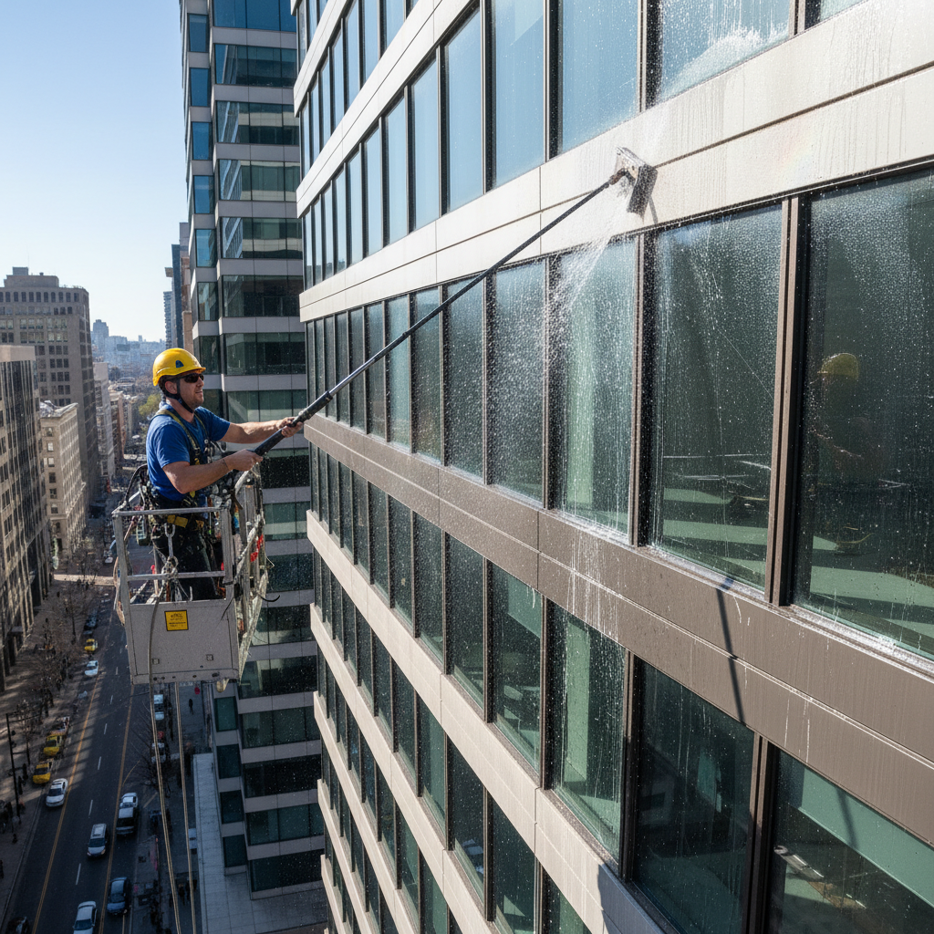 Long extension pole used for window cleaning on two-story house exterior