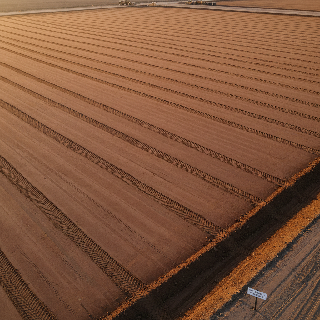 Same GPS coordinates scraped clean, laser-graded and compacted flat with fresh track marks in soil