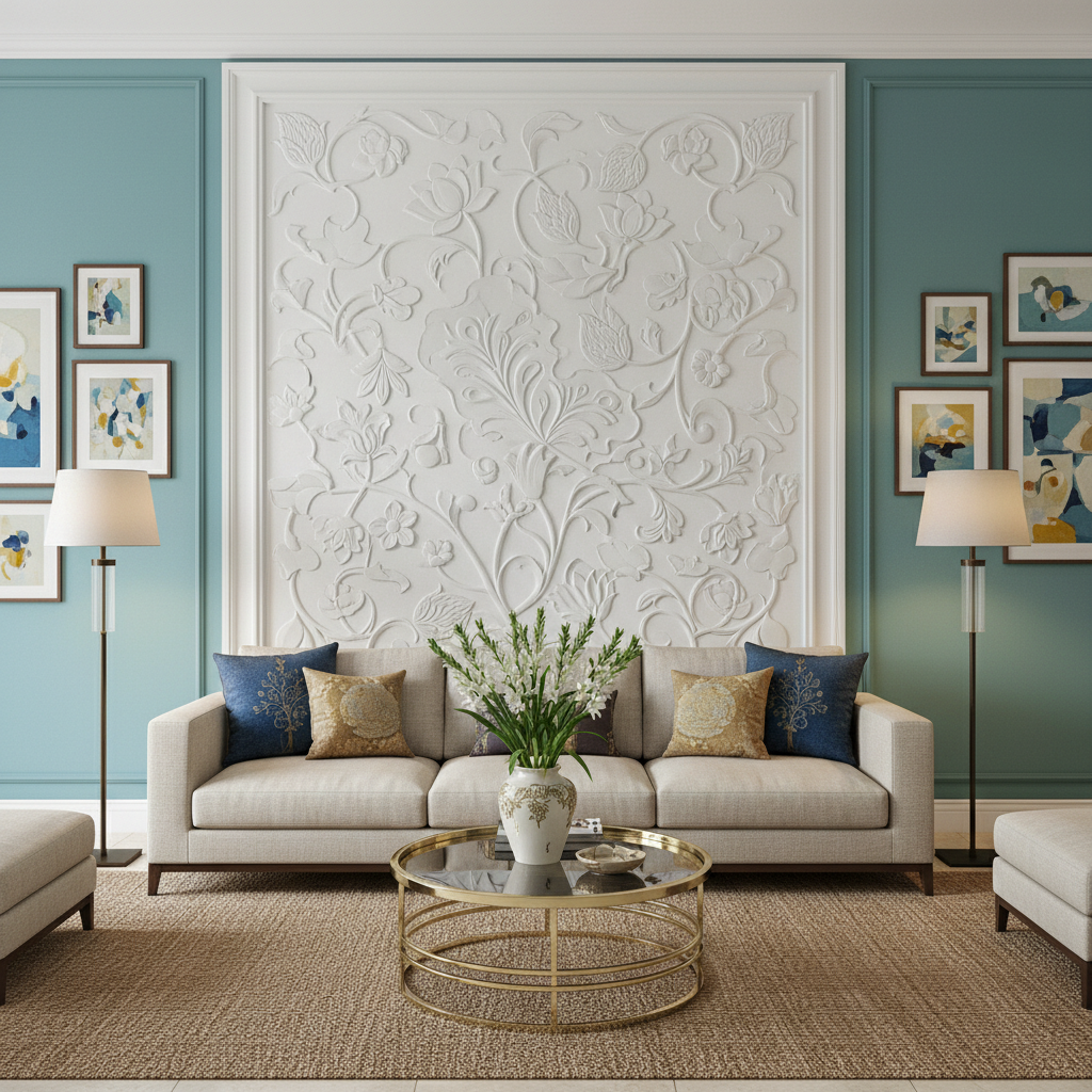 Decorative wall panel with floral relief pattern in white finish, contemporary Indian interior design