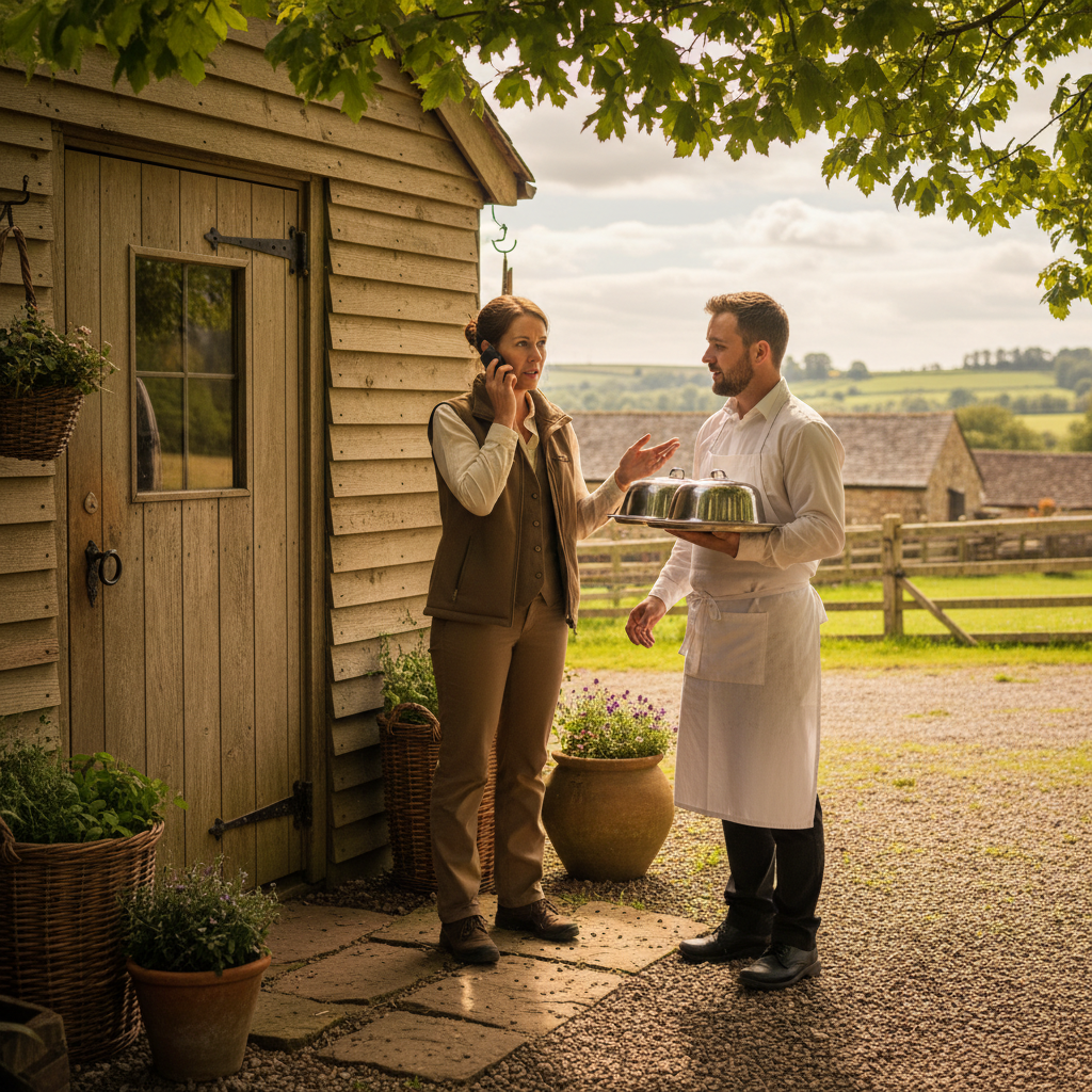 Coordinator with radio earpiece speaking quietly to caterer outside farmstead kitchen door