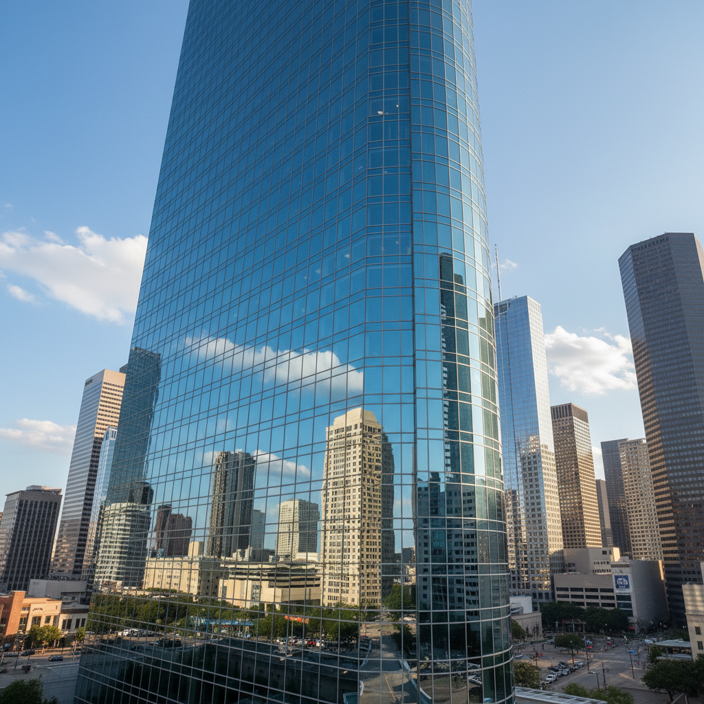 Meridian Office Tower glass curtain wall facade reflecting Houston skyline