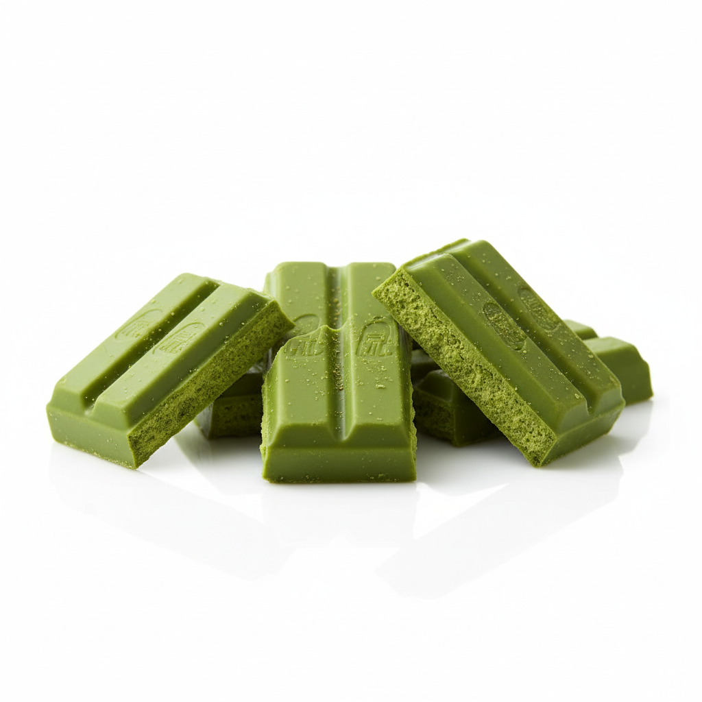Green matcha flavored KitKat chocolate bar pieces on white background