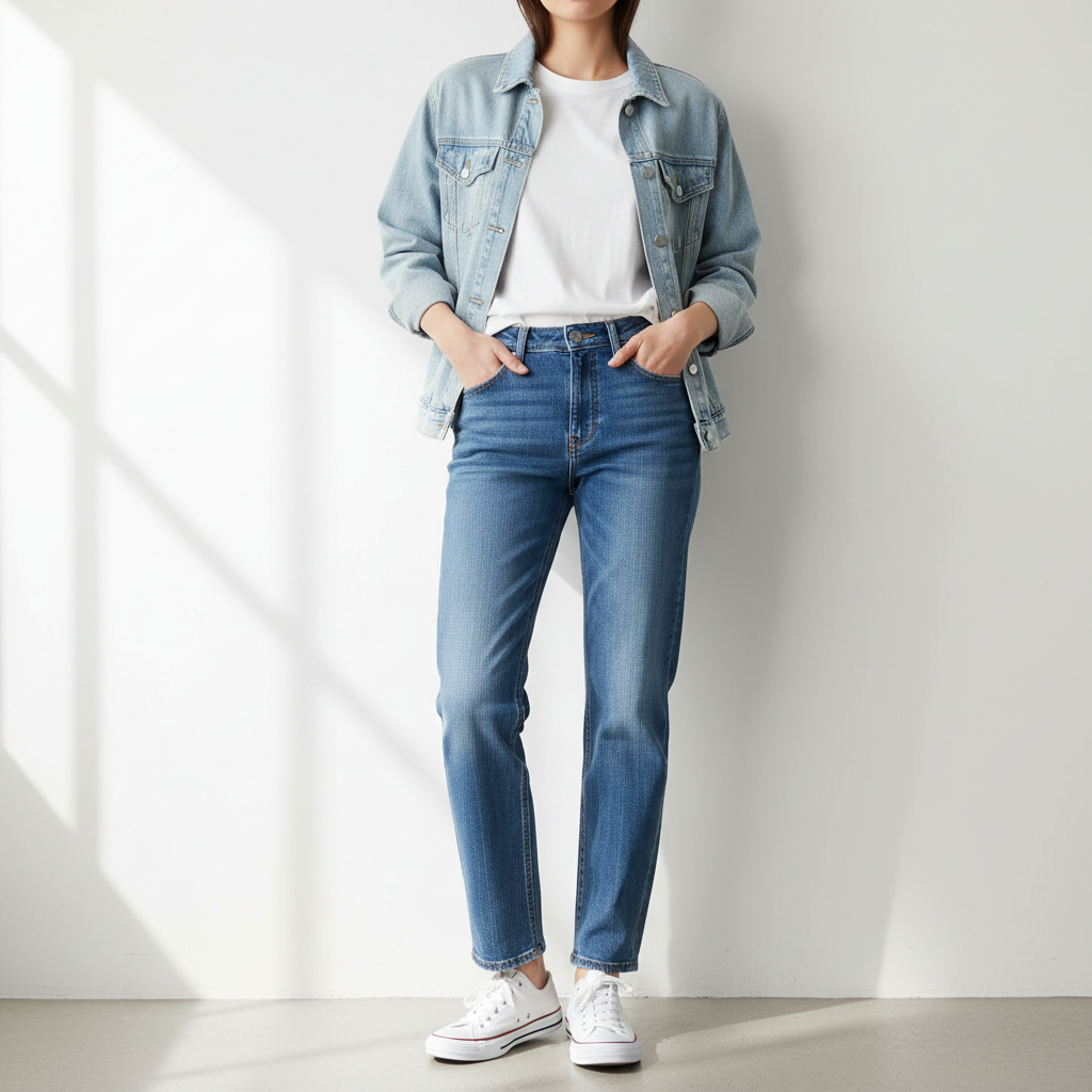Straight leg jeans in indigo, model standing against light wall, full length shot