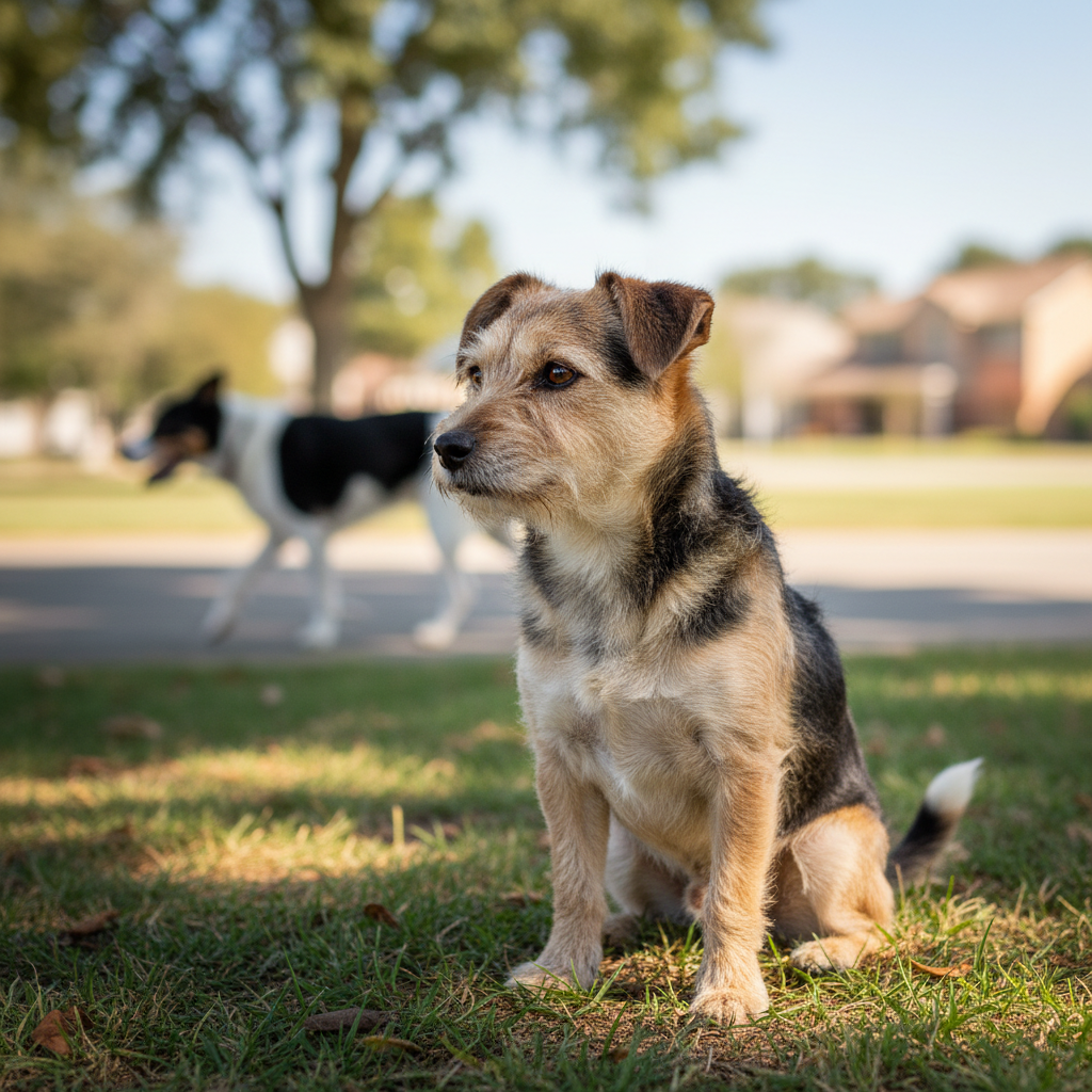Small terrier mix with reactive history now calmly watching another dog pass