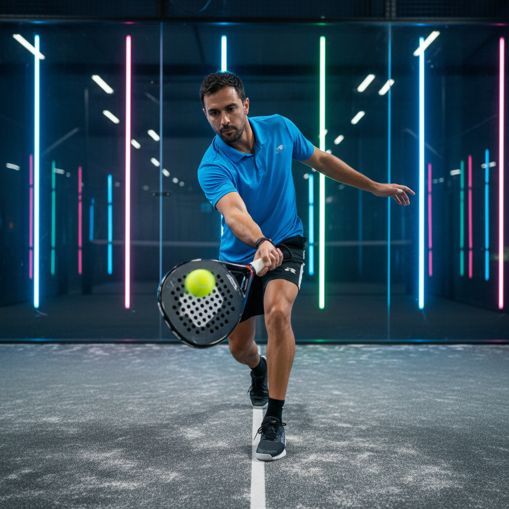 Padel coach mid-swing on an indoor LED court, racket frozen at contact, neon overhead strips streaking vertically through the glass wall