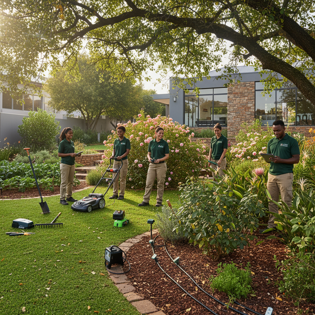 Professional Gallant's Garden Technology team working in a well-maintained South African residential garden with tools and equipment