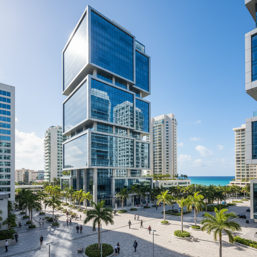 Modern commercial building in a Caribbean business district representing business insurance coverage
