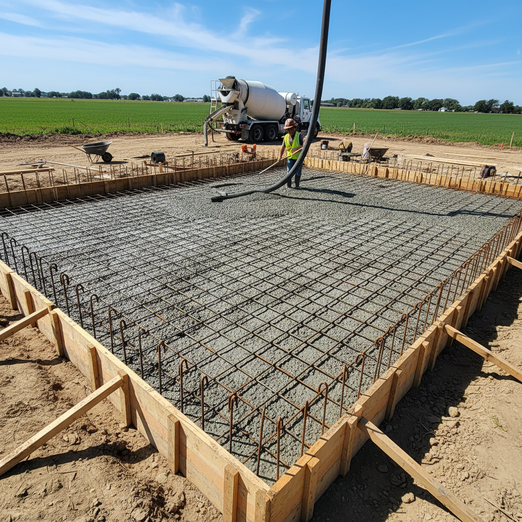 Residential concrete work in progress, home foundation being poured in Southeast Texas