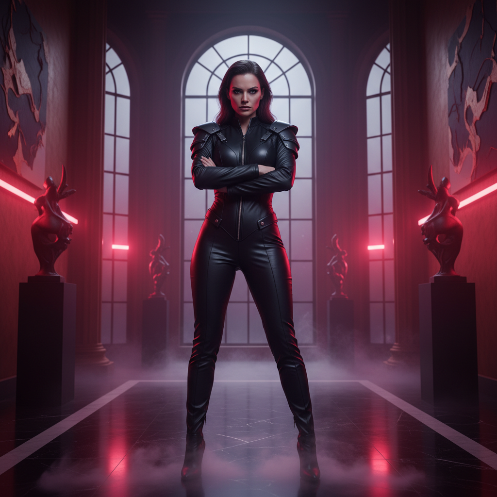 Powerful woman in black outfit with dramatic red and violet cinematic lighting, cold expression, luxury setting