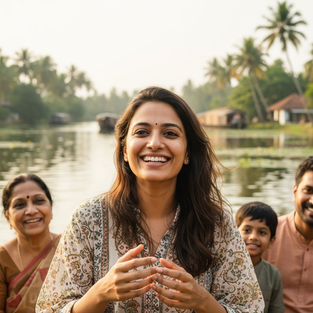 Divya Nambiar, Keralite woman smiling, family vacation setting