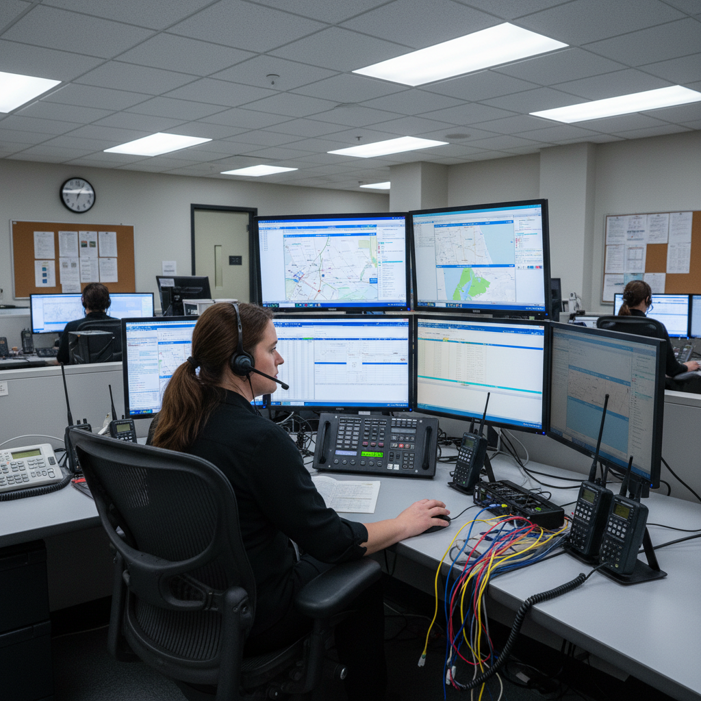 Emergency dispatch coordinator managing medical emergency communications at a professional dispatch center