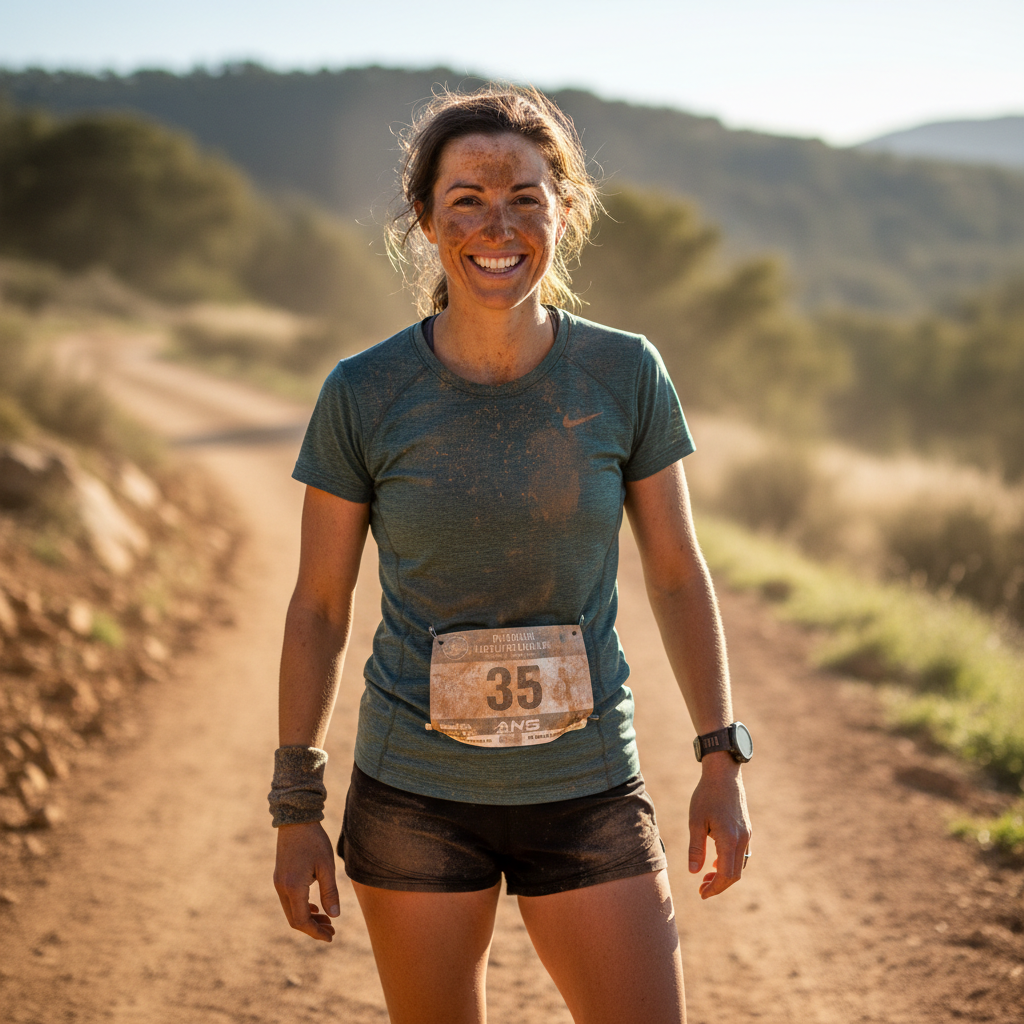 Priya Nambiar, high school track coach and ultra runner, smiling with trail dust