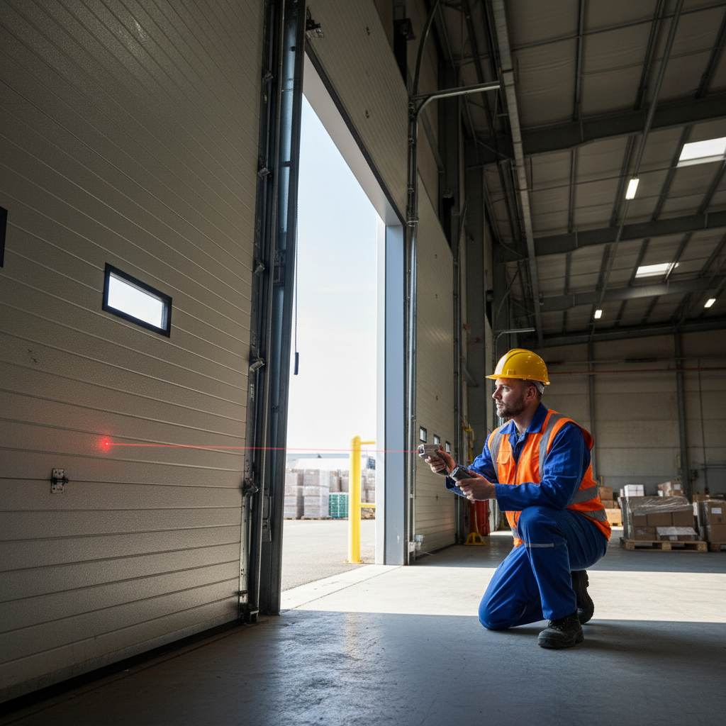 Rollup field technician in high-vis vest measuring a large warehouse bay door opening with a laser measure