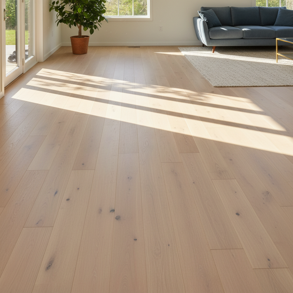 Sunlight falling across installed white oak hardwood flooring in factory-finished room