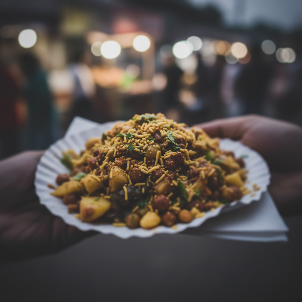 Vibrant Indian chaat platter with chutneys and garnishes, dark atmospheric background, night market