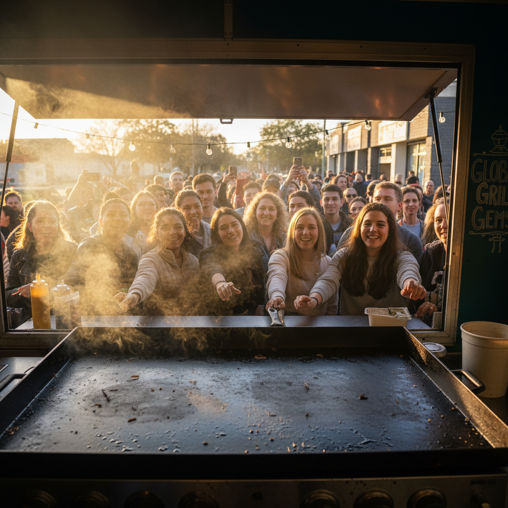 Matte-black Graze food truck parked at a sunny farmers market with a line of customers forming, hatch open and steam rising