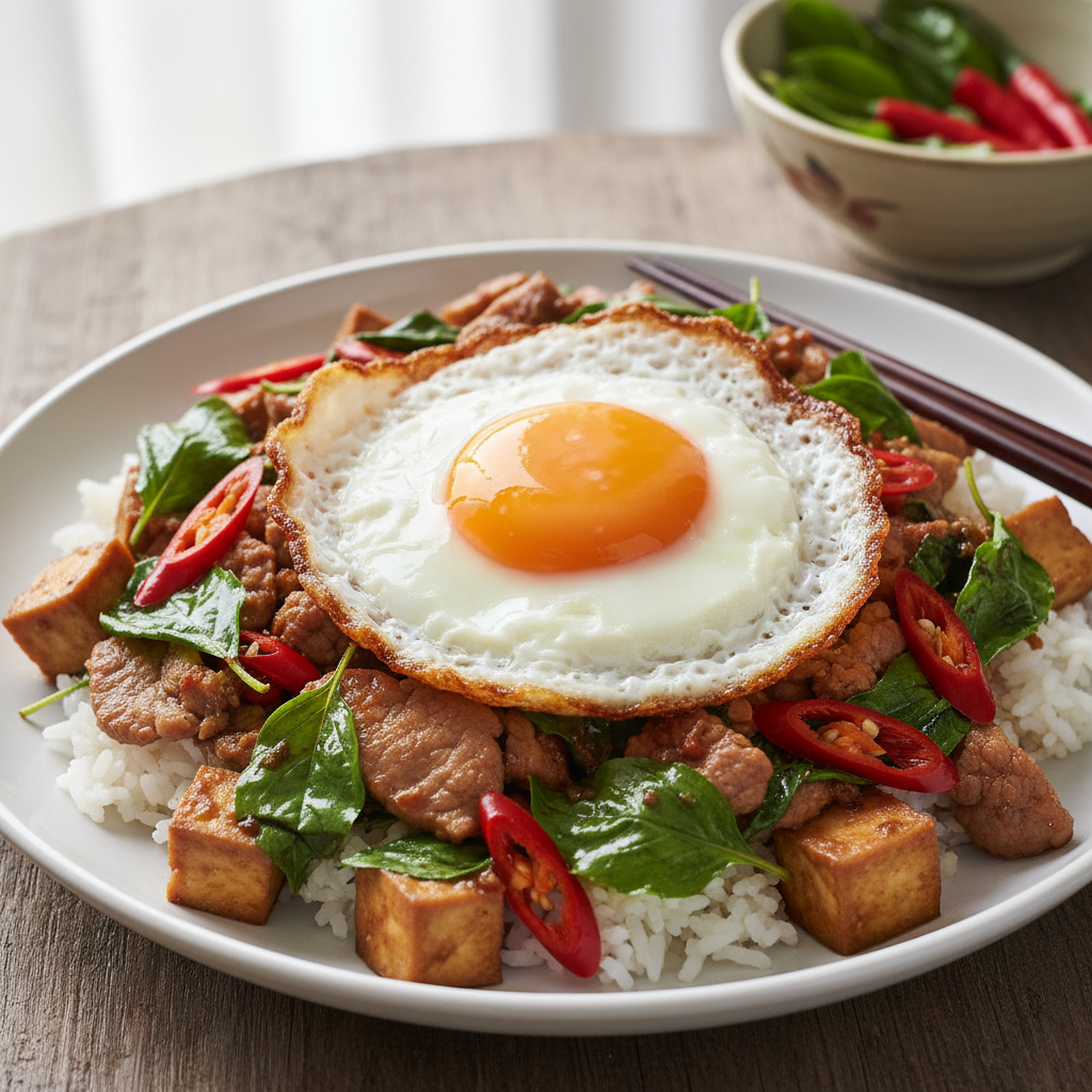 Pad kra pao Thai basil stir fry with fried egg on jasmine rice