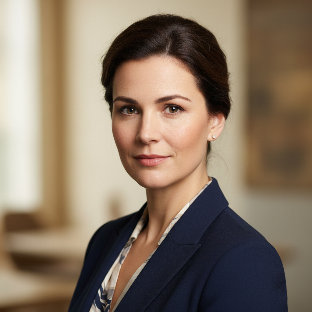 Polished professional portrait with soft directional light and shallow depth of field
