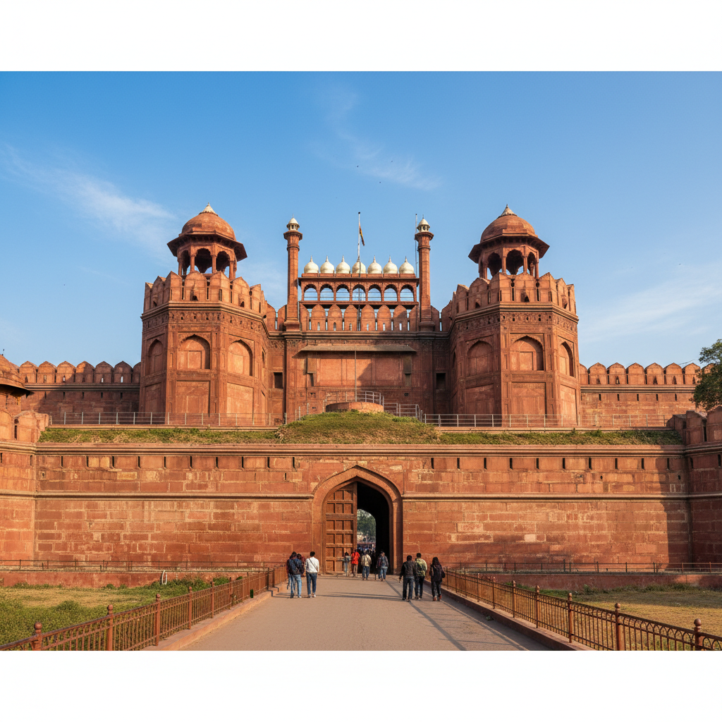 Delhi Red Fort massive red sandstone walls with Mughal arched gateways
