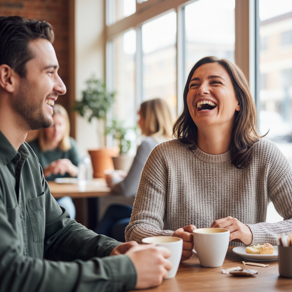 Allied health worker laughing with colleague over coffee