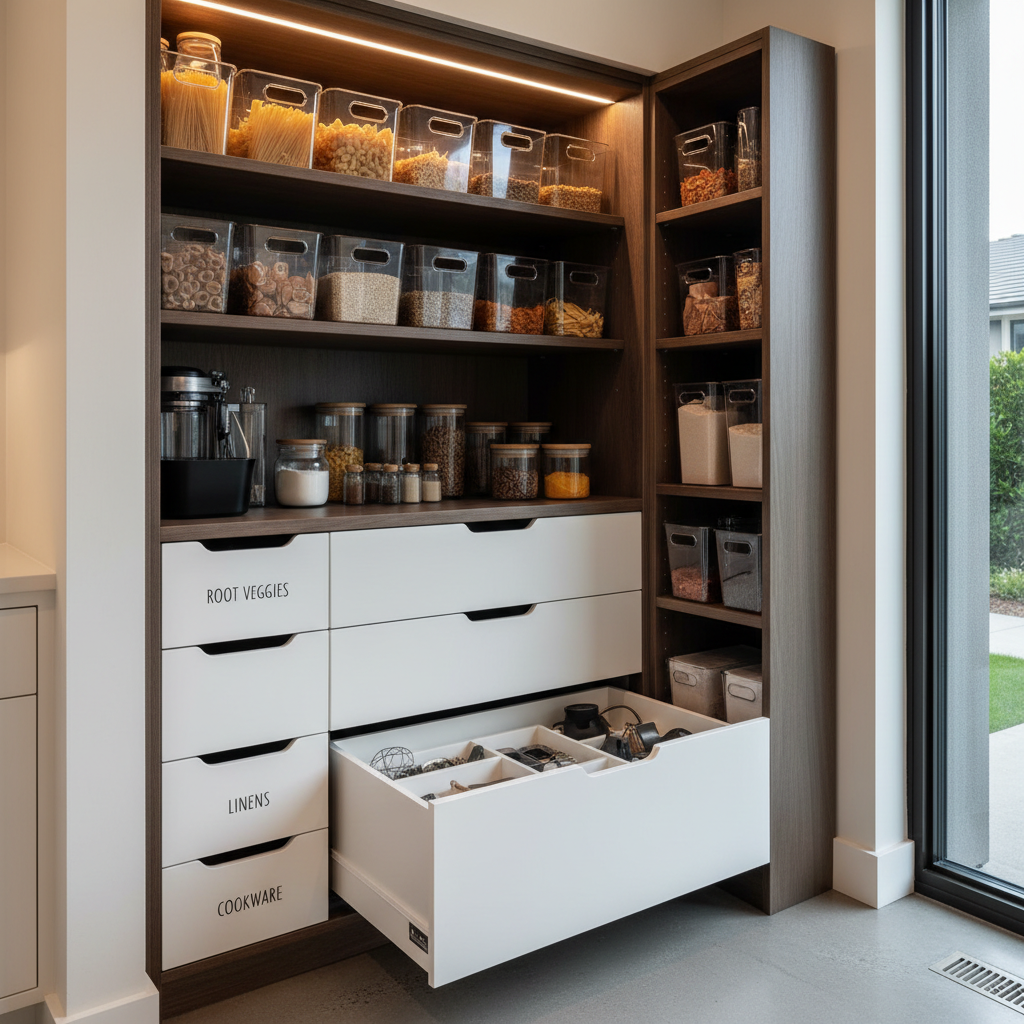 Cabinet interior storage organization with pull-out drawers and custom dividers maximizing kitchen storage efficiency