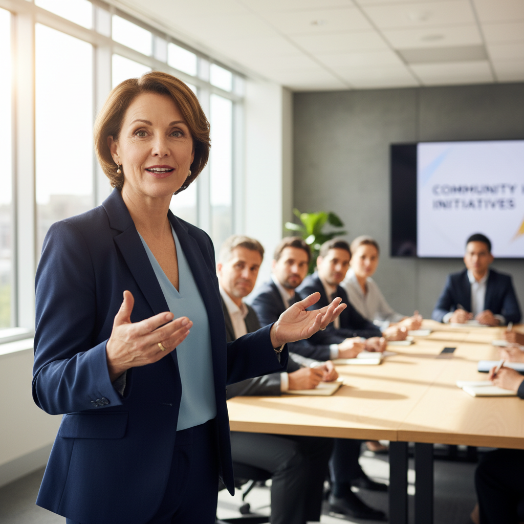 Professional woman speaking confidently in a meeting while colleagues listen attentively, bright office setting