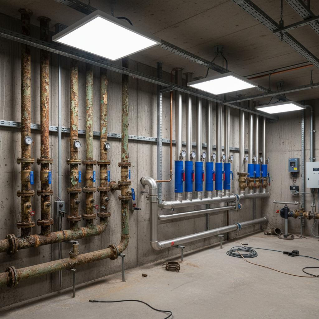 Industrial pipe retrofit showing old and new pipe sections side by side in mechanical room