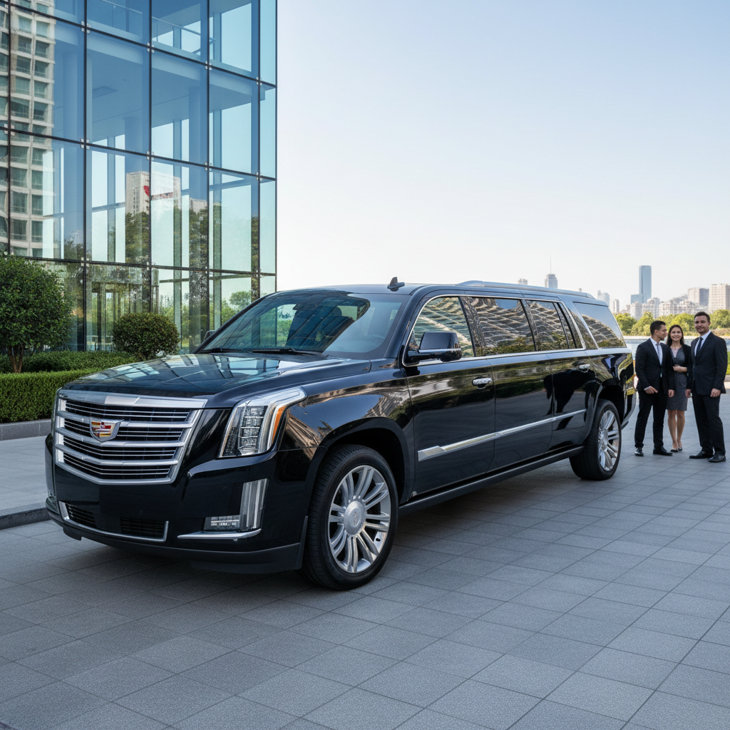 Luxury black SUV Cadillac Escalade parked at a hotel entrance with valet