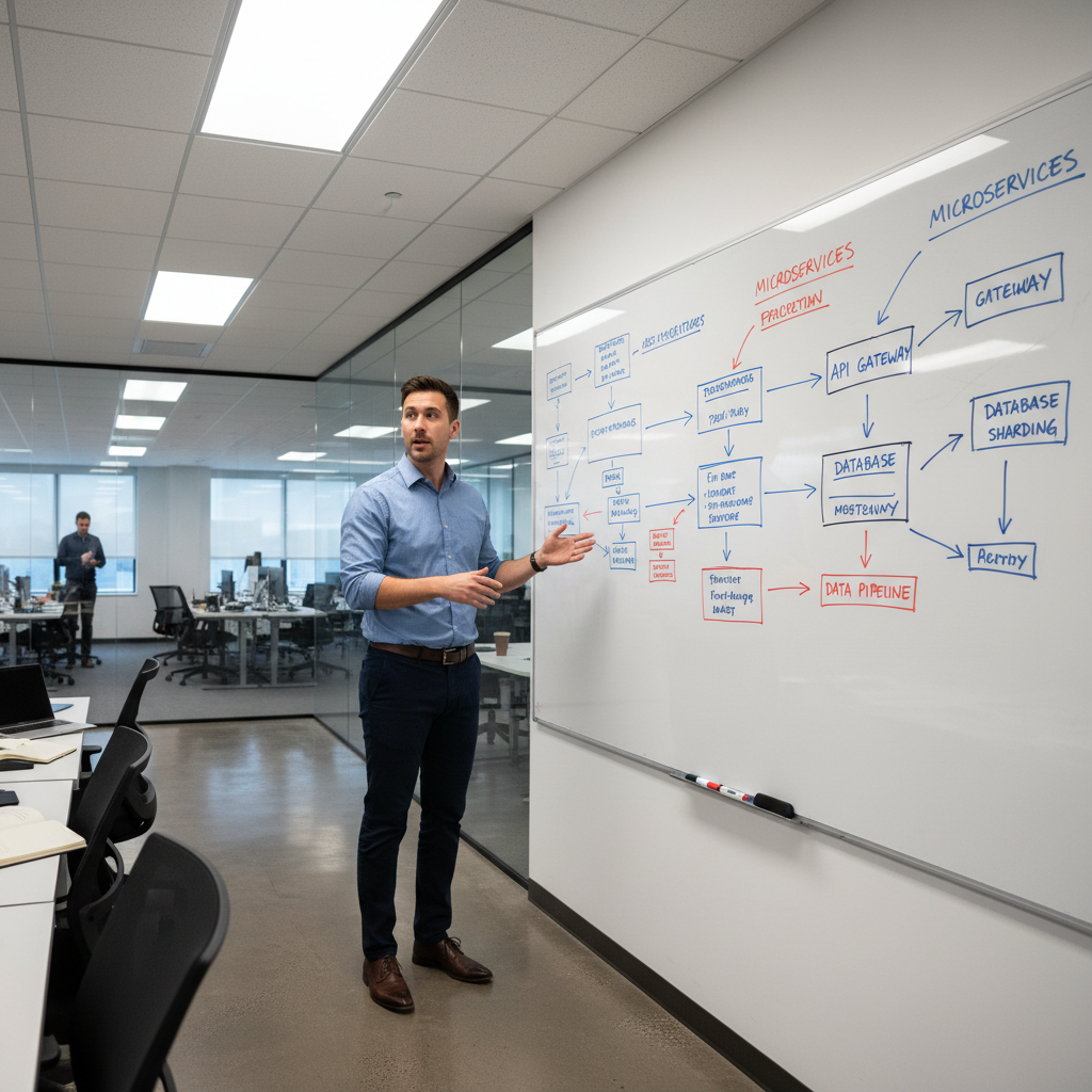 Engineer presenting architecture diagram on whiteboard during team sprint planning session