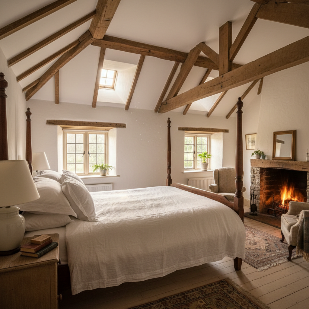 Cosy bedroom at the Griffin — white linen, exposed beams, countryside inn