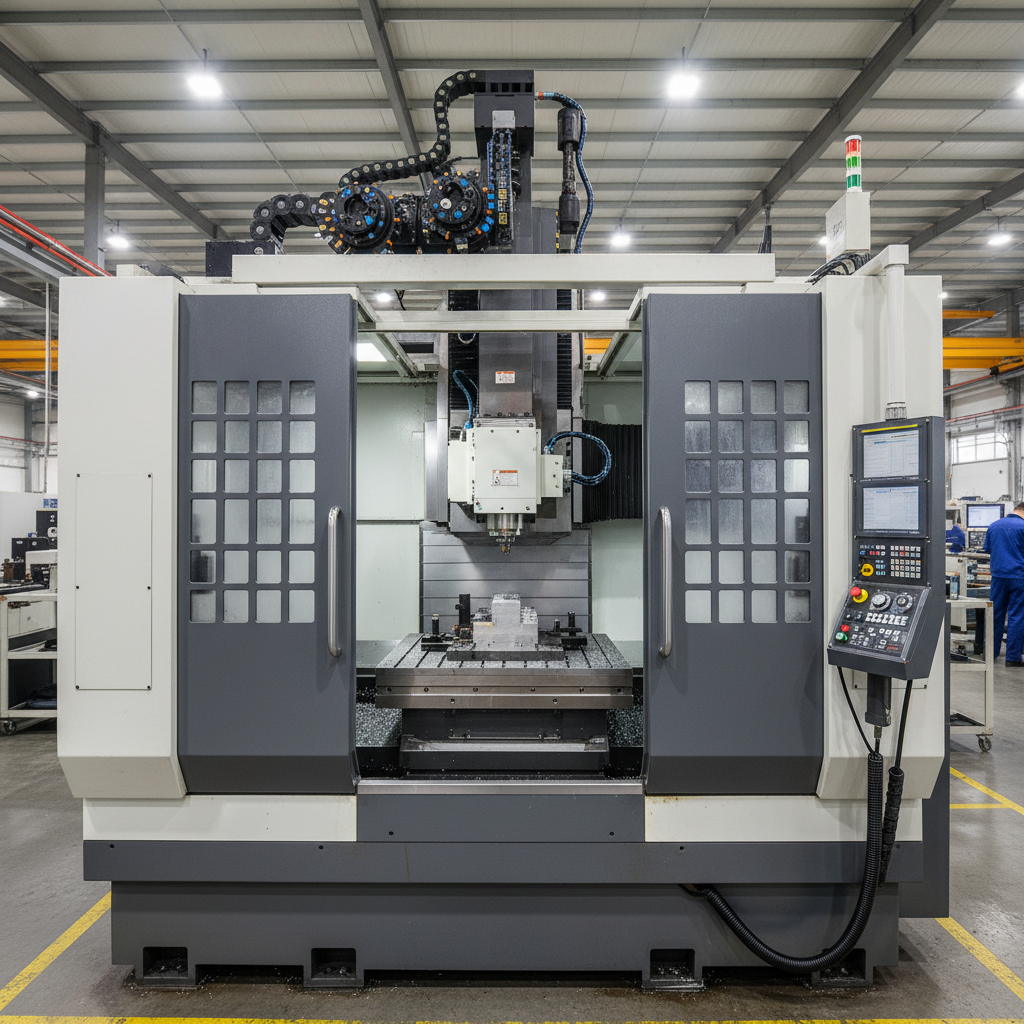 Large CNC machining center on factory floor with precision components