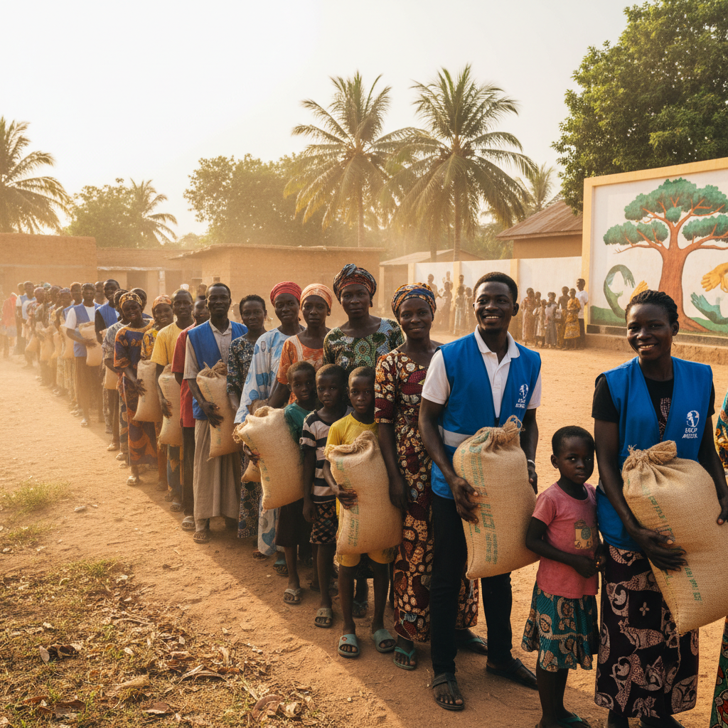 Community food distribution in rural African village, volunteers handing out supplies, warm atmosphere
