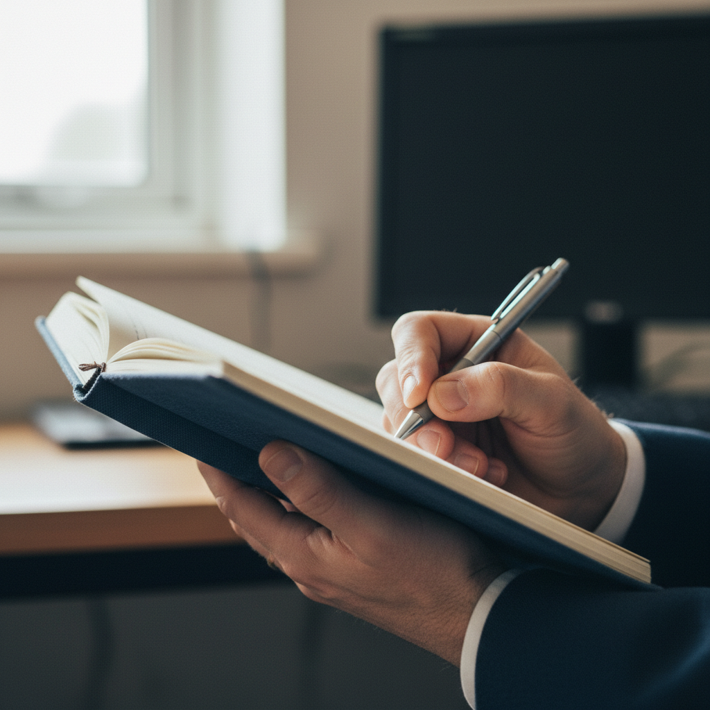 Reporter's hands holding a notebook at a courthouse press briefing