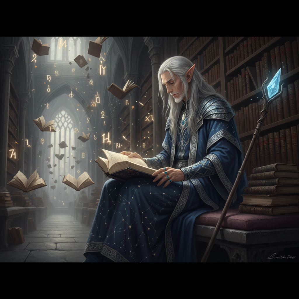 Elven mage sitting quietly in an ancient library surrounded by magical artifacts