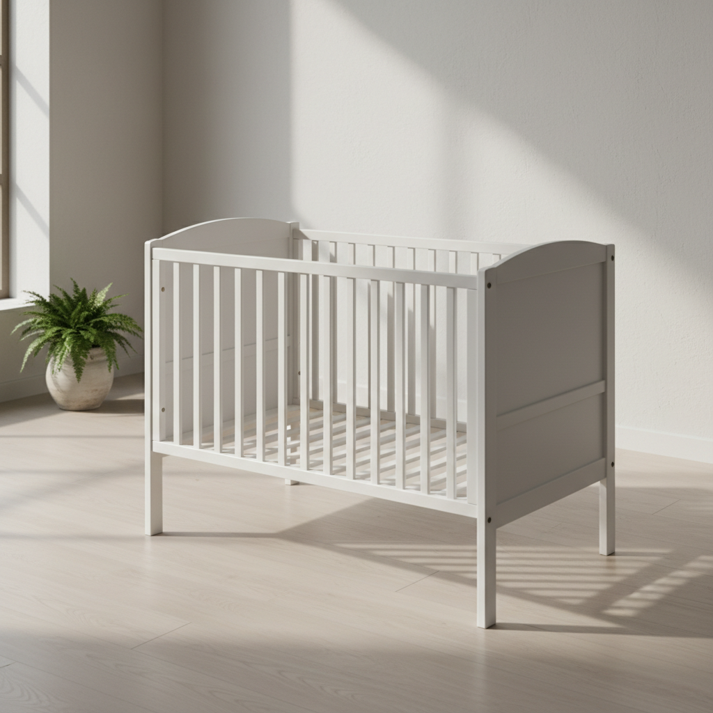 Plain white crib with no bedding in empty nursery room