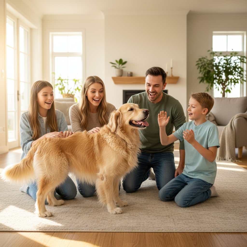 Family meeting their matched golden retriever for the first time