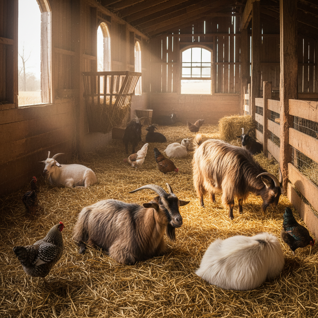 Goats and chickens roaming a sunlit farmyard, rustic wooden fences, earthy ground, authentic small farm setting