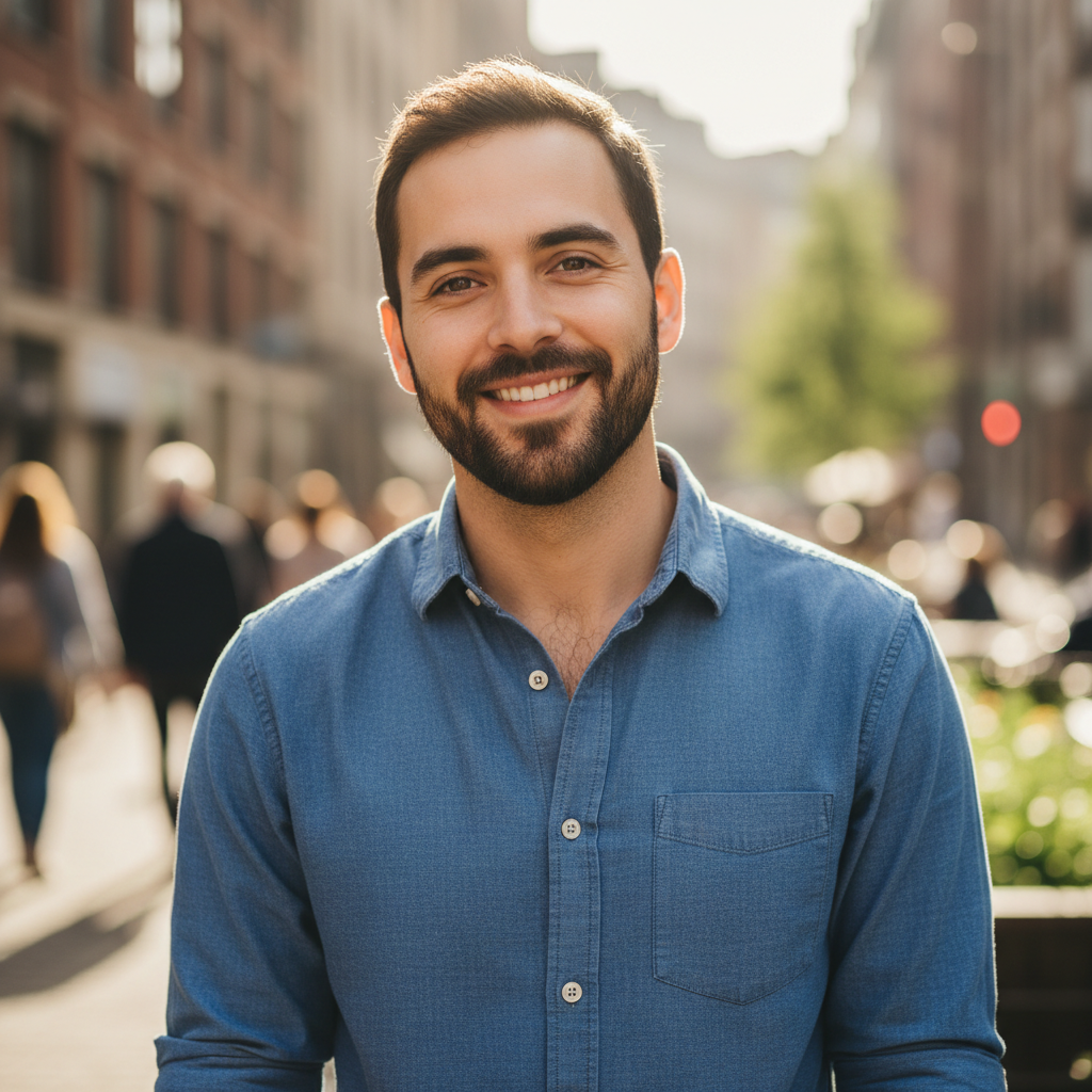 Derek Vasquez, man with short beard smiling, outdoor daylight background