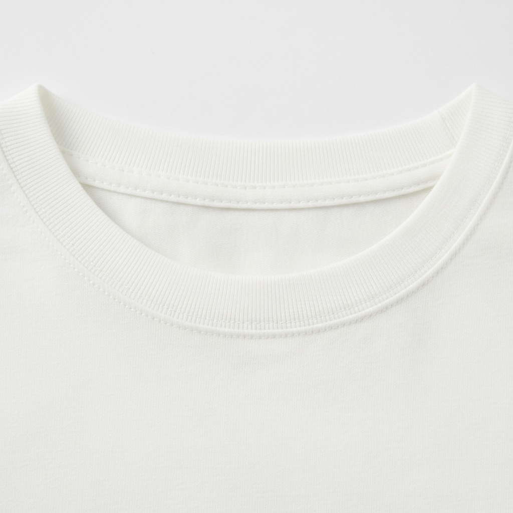 Close-up macro shot of fine stitching detail on a premium cotton tee collar