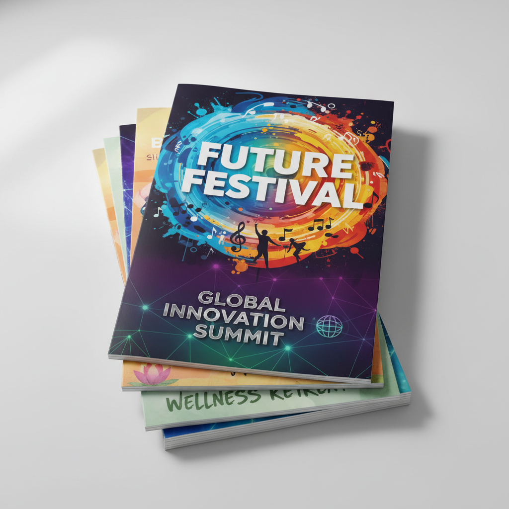 Colorful printed flyers fanned out on bright white background, vivid marketing materials