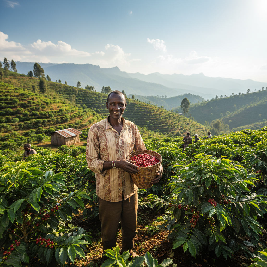 Tesfaye Bekele, Ethiopian coffee farmer smiling in his fields