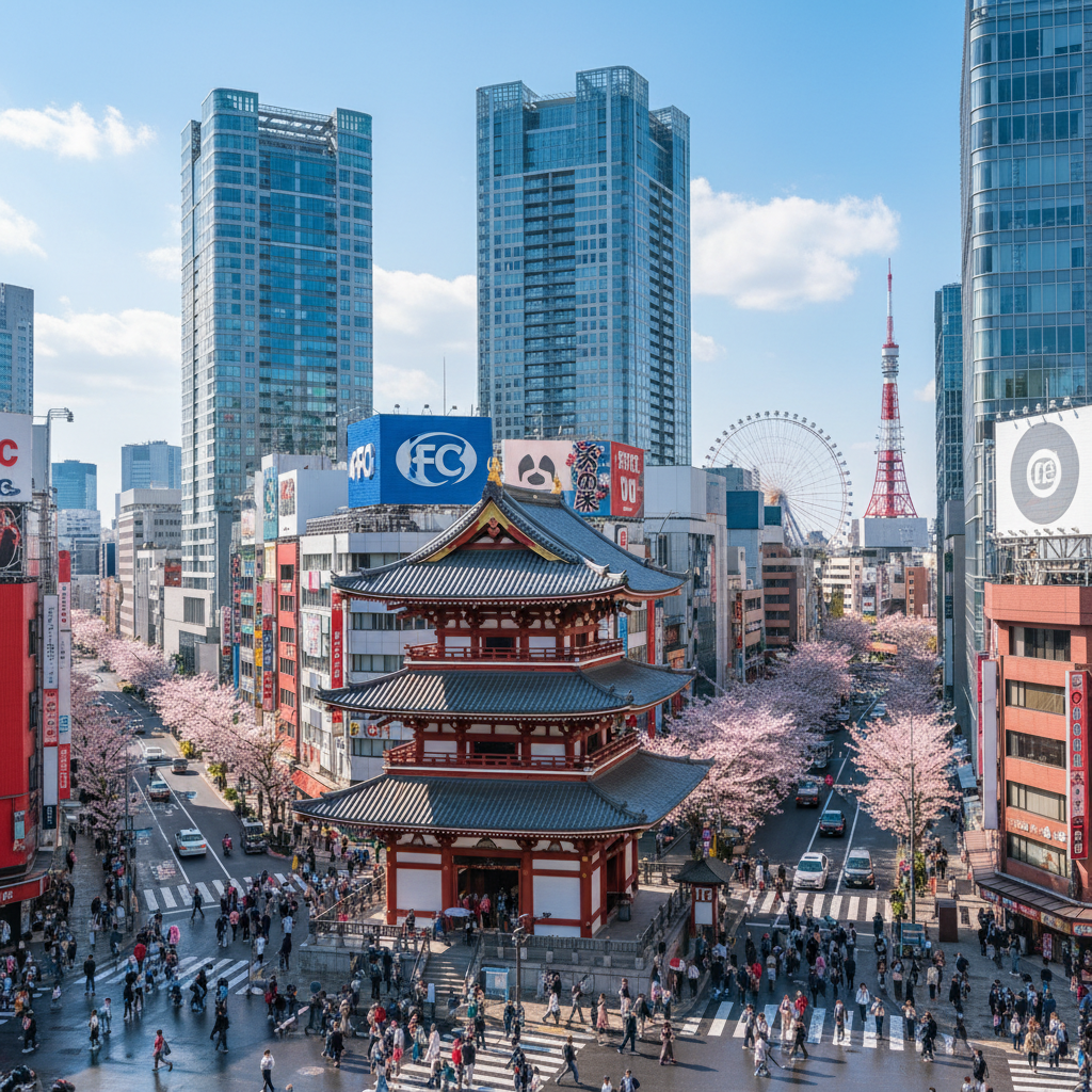 Runners passing through streets of Tokyo with cherry blossom trees and traditional buildings