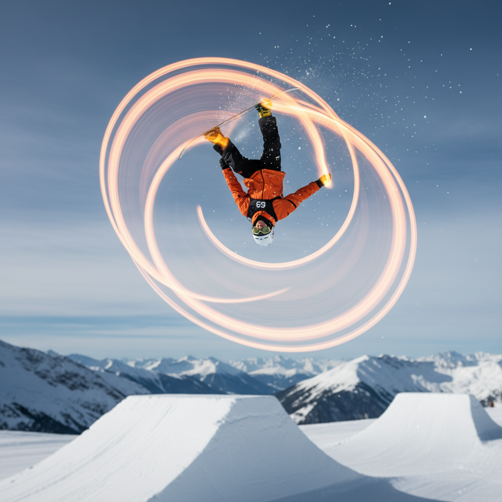 Competitive snowboarder executing a cork seven with amber light trails in the halfpipe