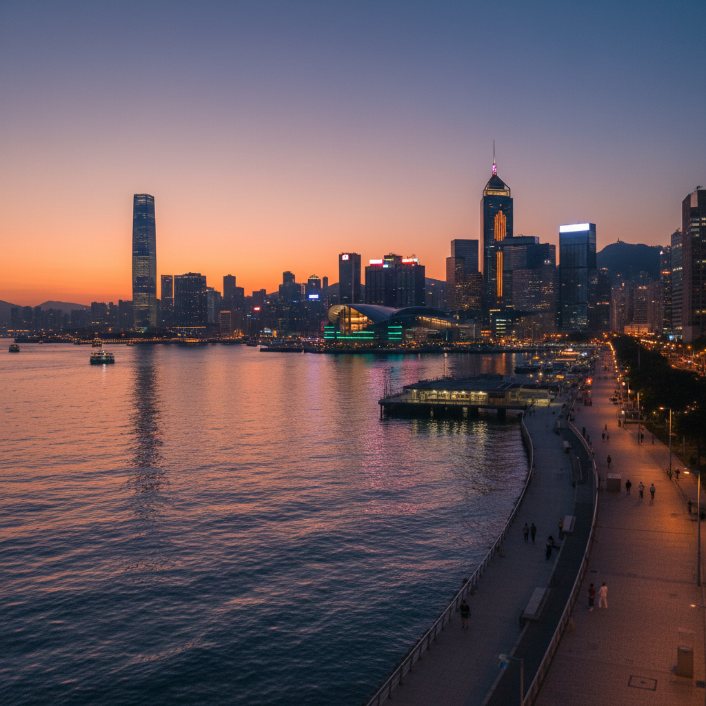 Hong Kong financial district skyline at dusk with illuminated skyscrapers
